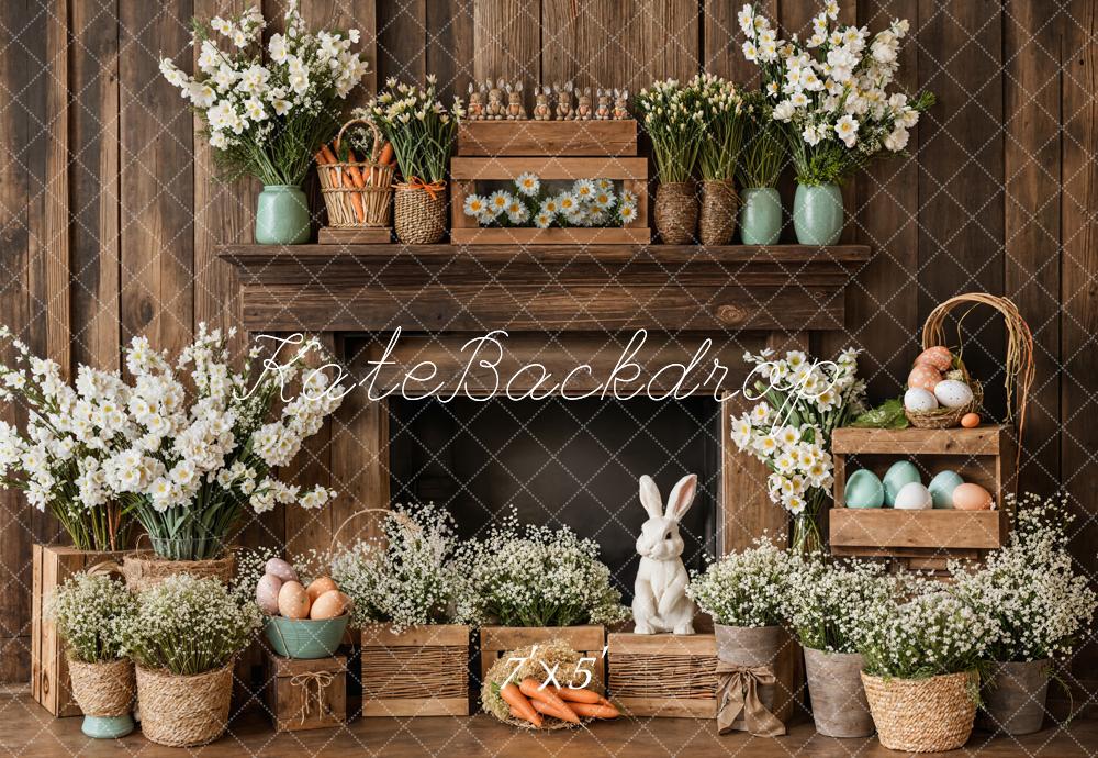 Kate Pâques Cheminée Lapin Rustique Floral Toile de fond conçue par Emetselch - Kate Backdrop FR