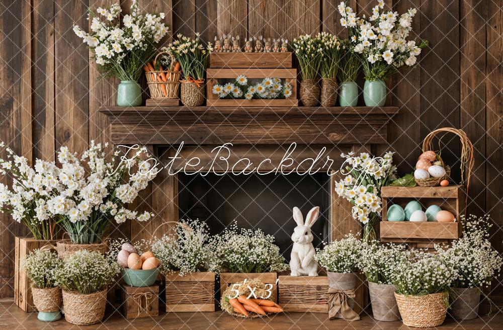 Kate Pâques Cheminée Lapin Rustique Floral Toile de fond conçue par Emetselch - Kate Backdrop FR