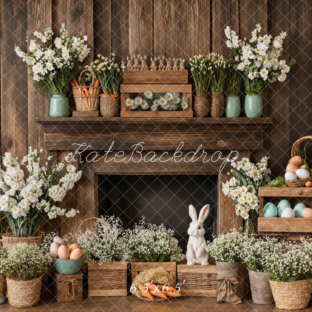 Kate Pâques Cheminée Lapin Rustique Floral Toile de fond conçue par Emetselch - Kate Backdrop FR