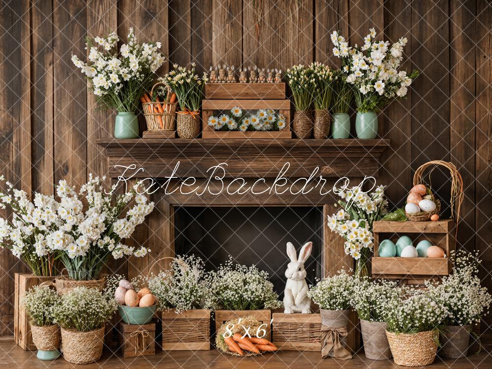 Kate Pâques Cheminée Lapin Rustique Floral Toile de fond conçue par Emetselch - Kate Backdrop FR