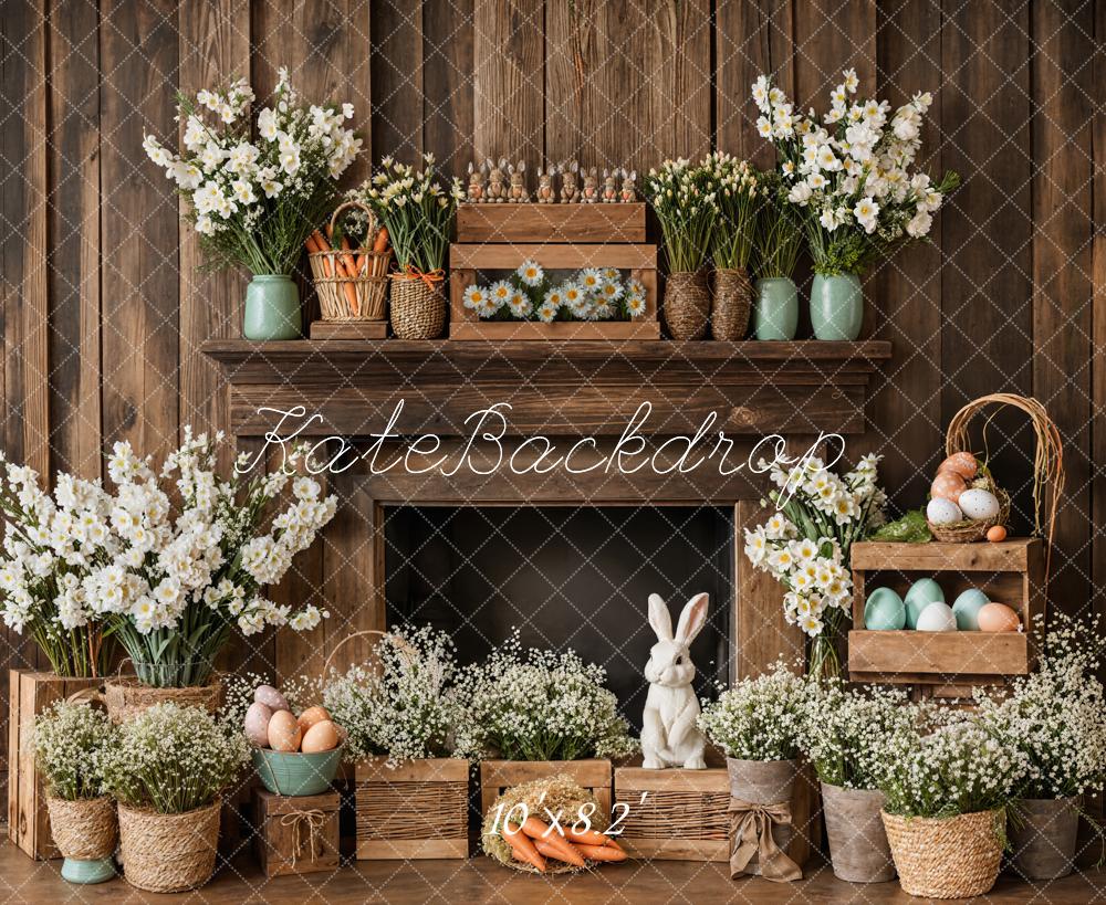 Kate Pâques Cheminée Lapin Rustique Floral Toile de fond conçue par Emetselch - Kate Backdrop FR