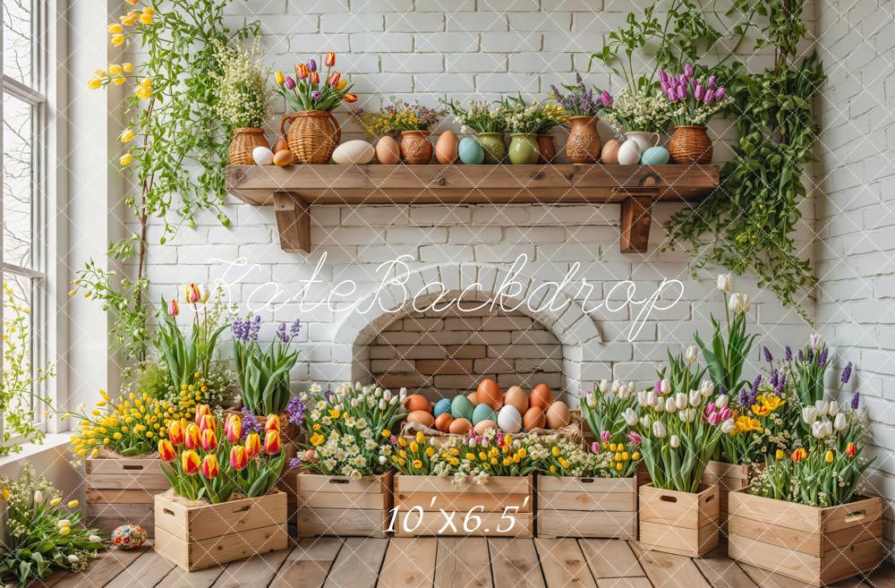 Kate Pâques Oeufs Fleurs Mur de briques Toile de fond conçue par Emetselch - Kate Backdrop FR