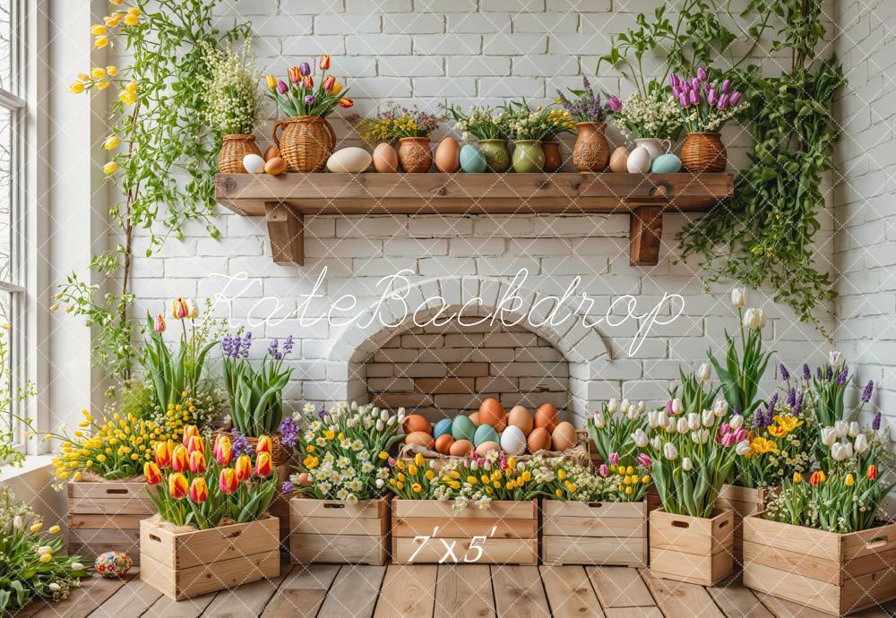 Kate Pâques Oeufs Fleurs Mur de briques Toile de fond conçue par Emetselch - Kate Backdrop FR