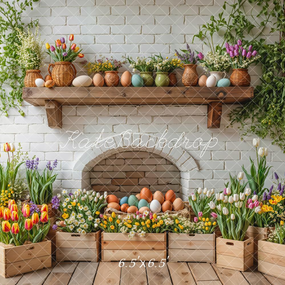 Kate Pâques Oeufs Fleurs Mur de briques Toile de fond conçue par Emetselch - Kate Backdrop FR