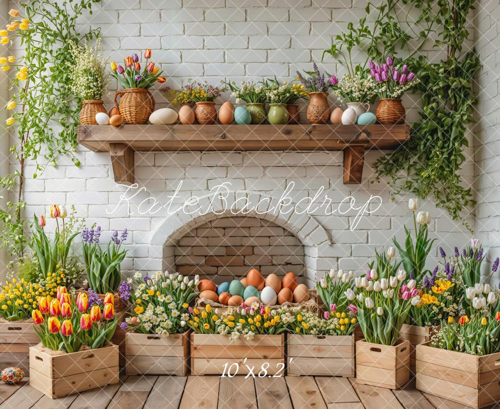 Kate Pâques Oeufs Fleurs Mur de briques Toile de fond conçue par Emetselch - Kate Backdrop FR