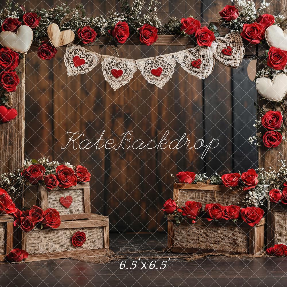 Kate Saint Valentin Rustique Roses Mur en bois Toile de fond conçue par Emetselch - Kate Backdrop FR
