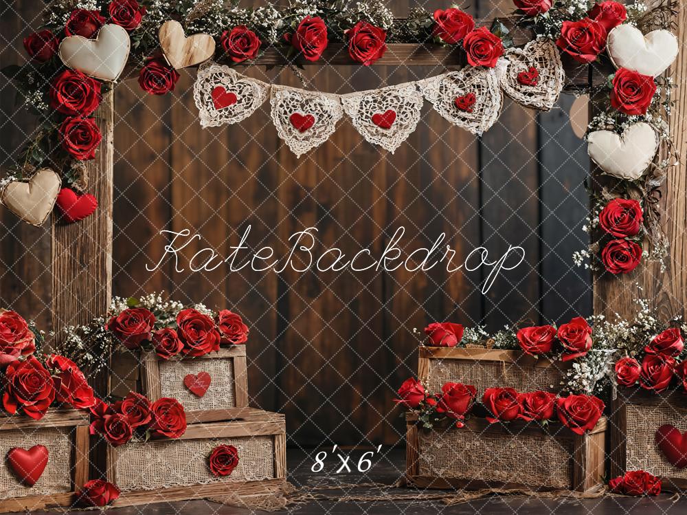 Kate Saint Valentin Rustique Roses Mur en bois Toile de fond conçue par Emetselch - Kate Backdrop FR