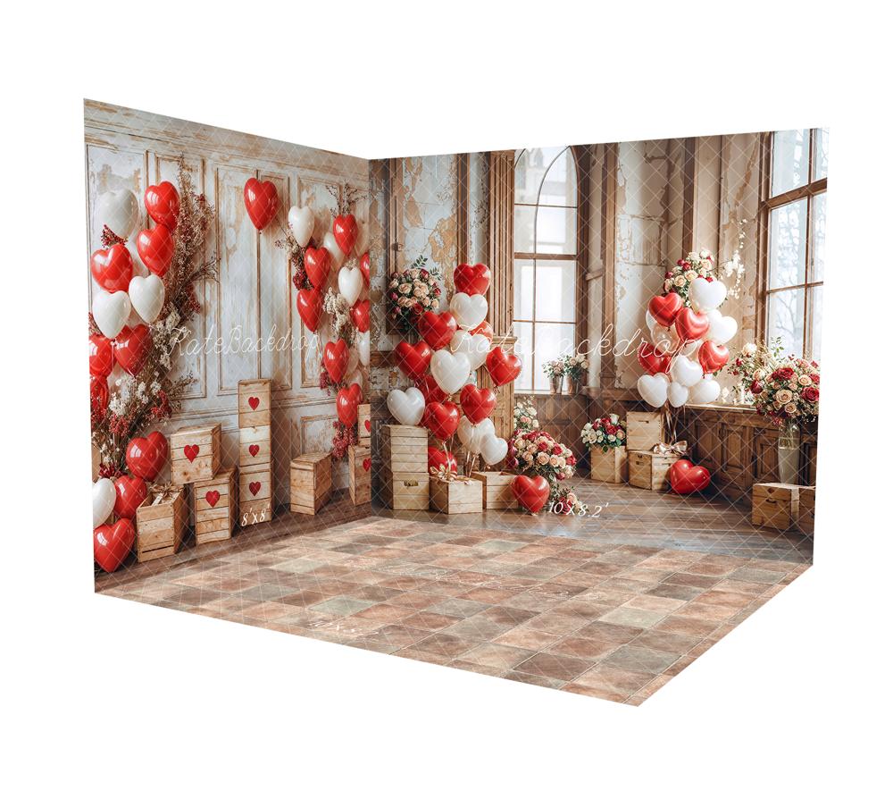 Kate Saint Valentin Cœur Ballons Fenêtre Vintage Ensemble de chambre - Kate Backdrop FR