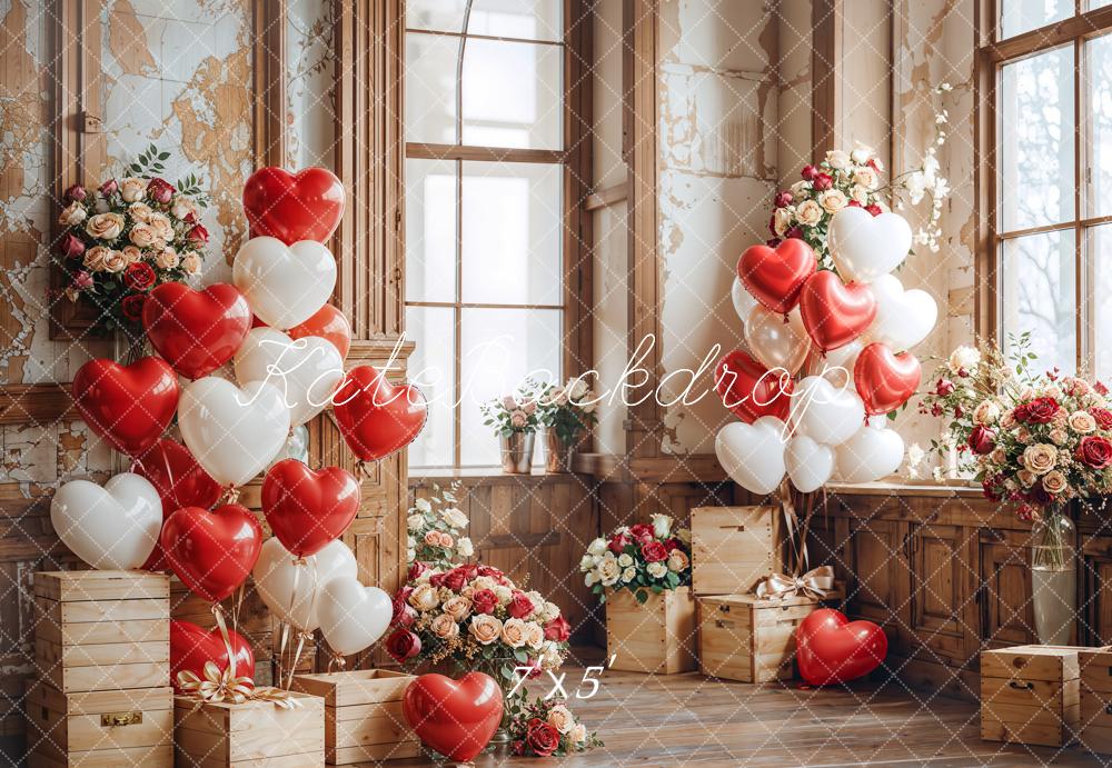 Kate Saint Valentin Ballons Fleurs Boîtes en bois Toile de fond conçue par Emetselch - Kate Backdrop FR