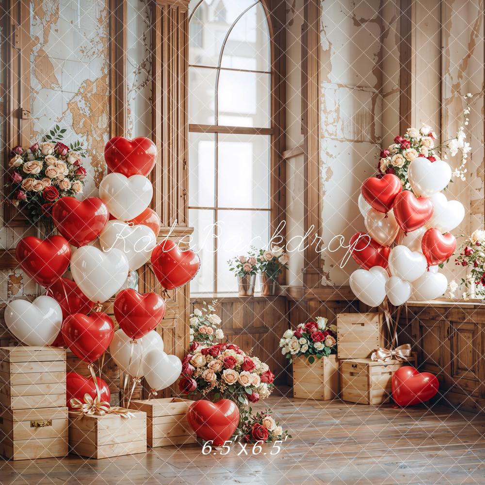 Kate Saint Valentin Ballons Fleurs Boîtes en bois Toile de fond conçue par Emetselch - Kate Backdrop FR