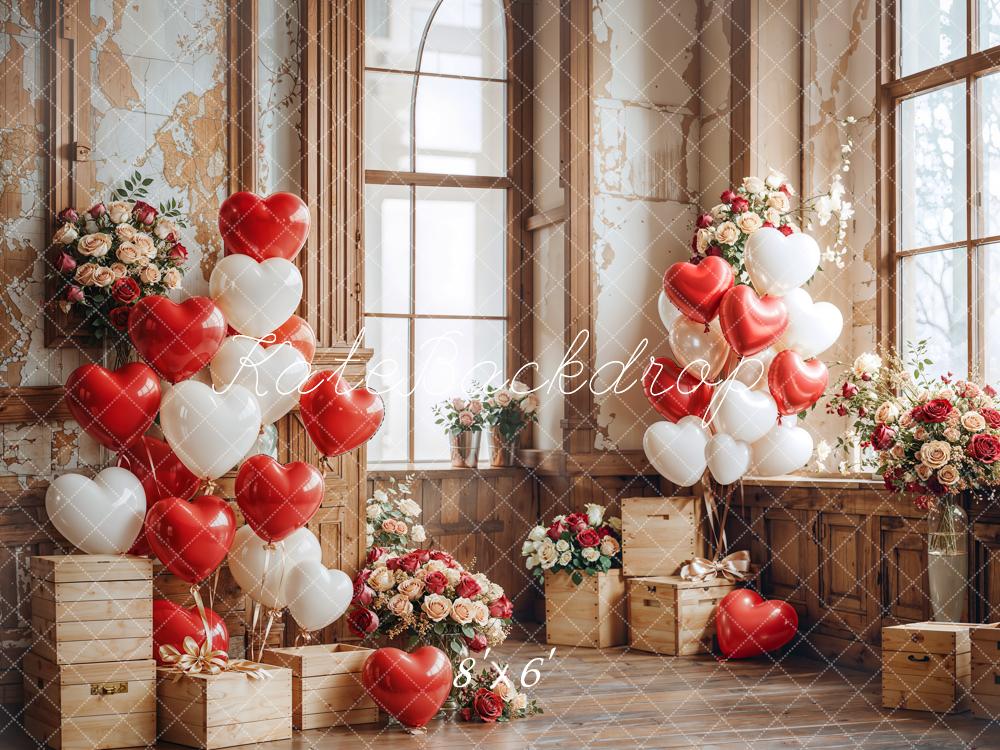 Kate Saint Valentin Ballons Fleurs Boîtes en bois Toile de fond conçue par Emetselch - Kate Backdrop FR