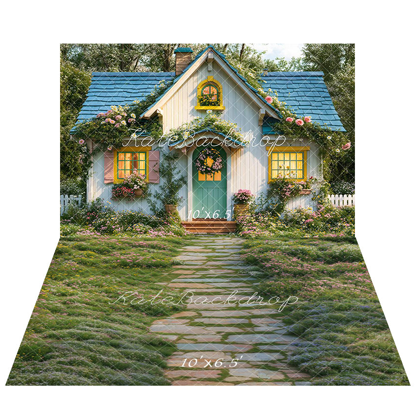 Kate Printemps Maison Jardin Fleurs Toile de fond+Vert Jardin Allée Sol Toile de fond - Kate Backdrop FR