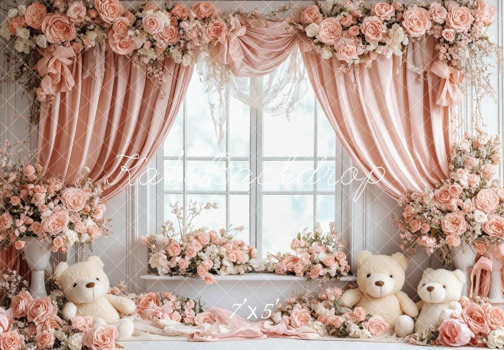 Kate Saint Valentin Fenêtre Nounours Rose Fleurs Toile de fond conçue par Patty Roberts - Kate Backdrop FR