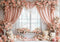 Kate Saint Valentin Fenêtre Nounours Rose Fleurs Toile de fond conçue par Patty Roberts - Kate Backdrop FR