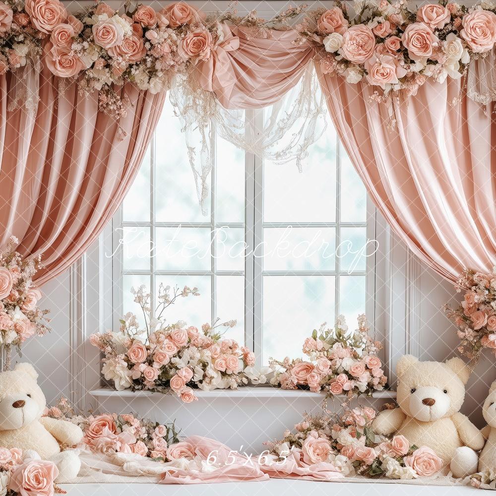 Kate Saint Valentin Fenêtre Nounours Rose Fleurs Toile de fond conçue par Patty Roberts - Kate Backdrop FR