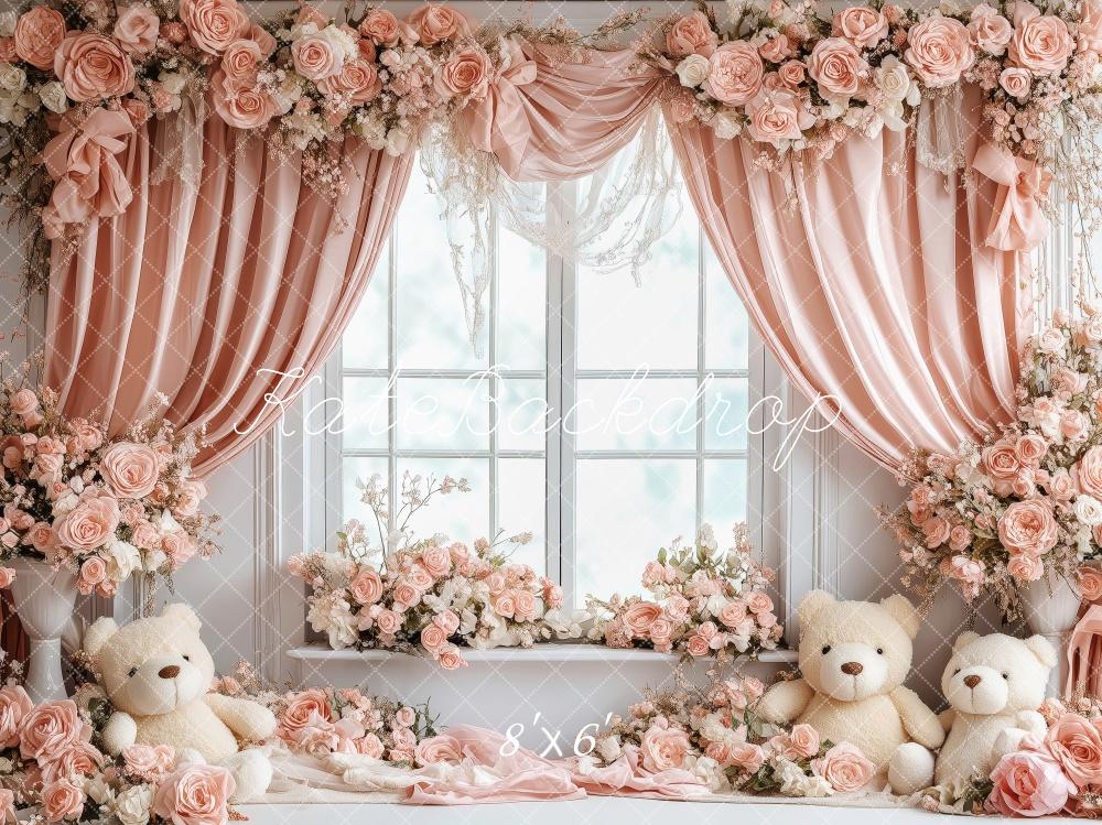 Kate Saint Valentin Fenêtre Nounours Rose Fleurs Toile de fond conçue par Patty Roberts - Kate Backdrop FR
