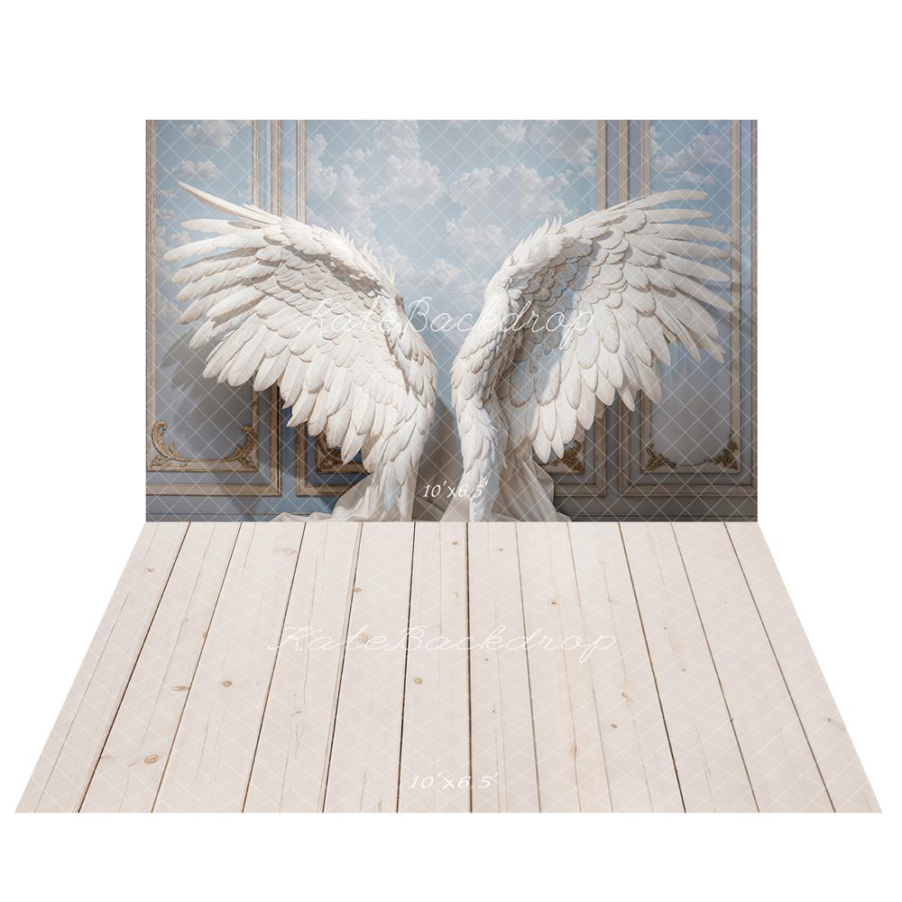 Kate Ailes d'ange Blanc Portrait Toile de fond+Beige Planche de bois Sol Toile de fond - Kate Backdrop FR