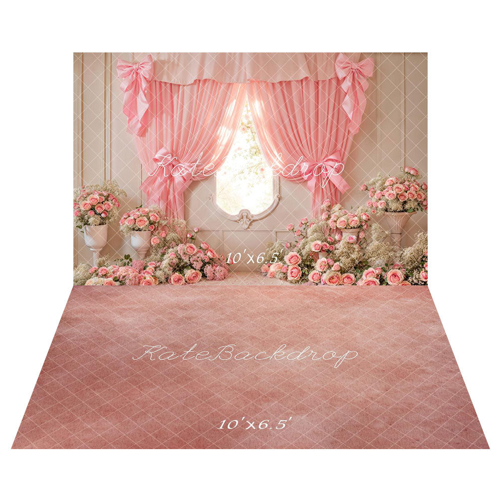 Kate Fleurs Rose Fenêtre Rideau Nœud Toile de fond+Dégradé Rose & Blanc Sol Toile de fond - Kate Backdrop FR