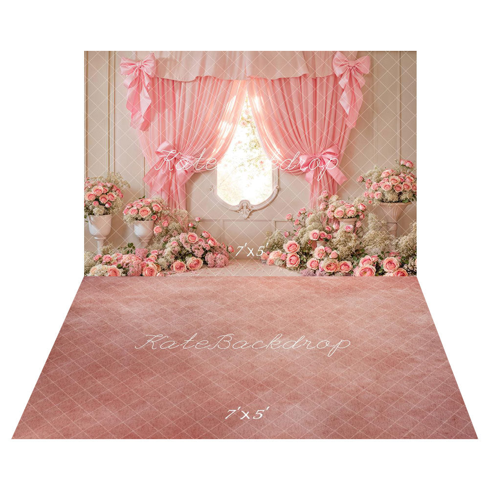 Kate Fleurs Rose Fenêtre Rideau Nœud Toile de fond+Dégradé Rose & Blanc Sol Toile de fond - Kate Backdrop FR