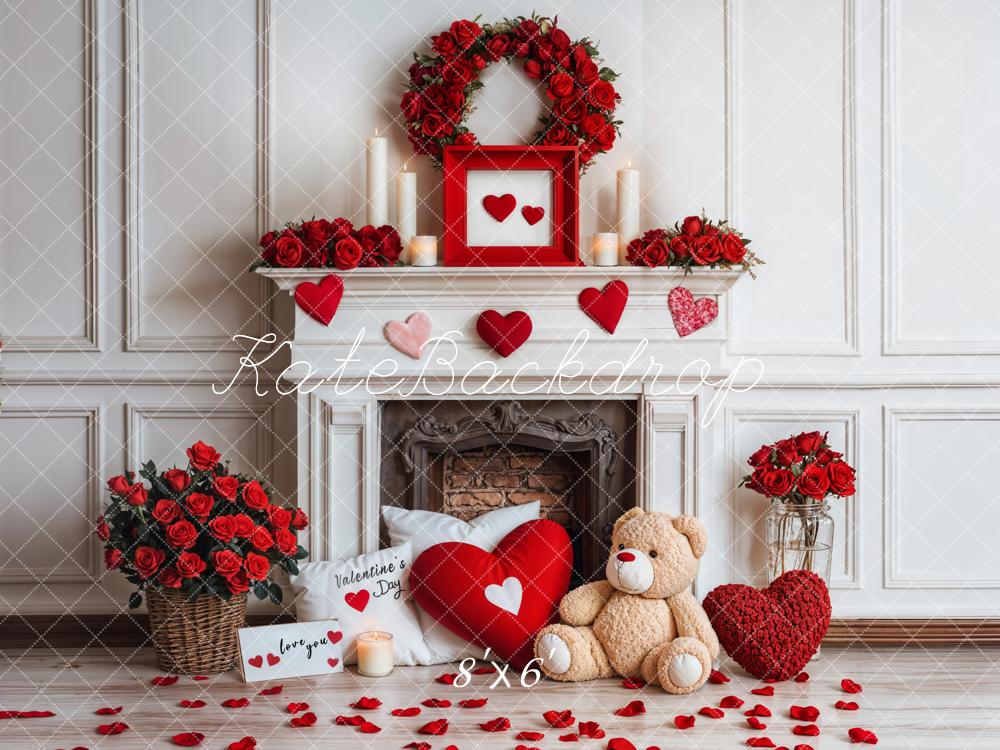 Kate Saint Valentin Cheminée Nounours Roses Toile de fond conçue par Emetselch - Kate Backdrop FR