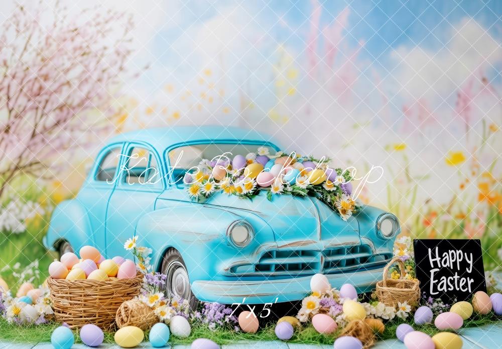 Kate Pâques Œufs Voiture Bleu Vintage Toile de fond conçue par Patty Roberts - Kate Backdrop FR