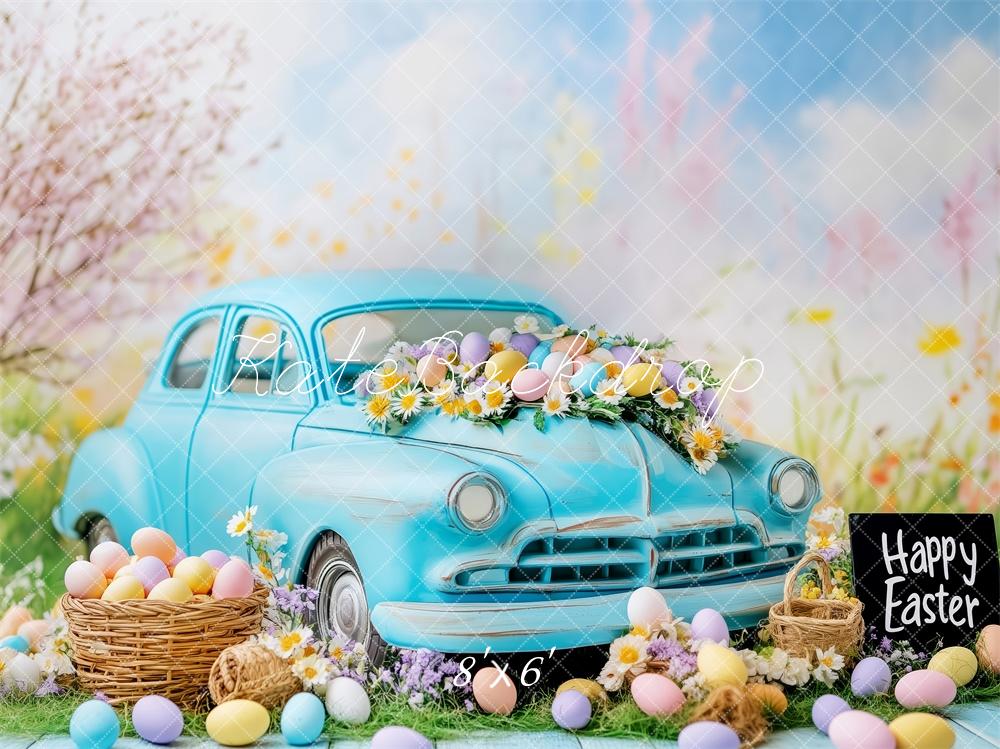 Kate Pâques Œufs Voiture Bleu Vintage Toile de fond conçue par Patty Roberts - Kate Backdrop FR