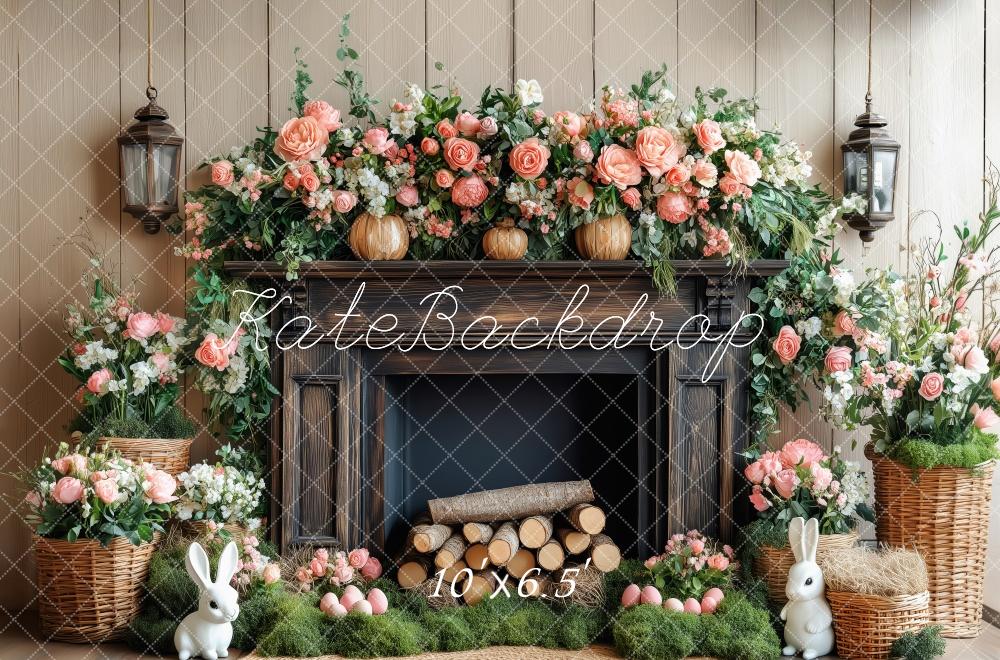Kate Élégant Fleurs Cheminée Bois Lapin Toile de fond conçue par Patty Roberts - Kate Backdrop FR