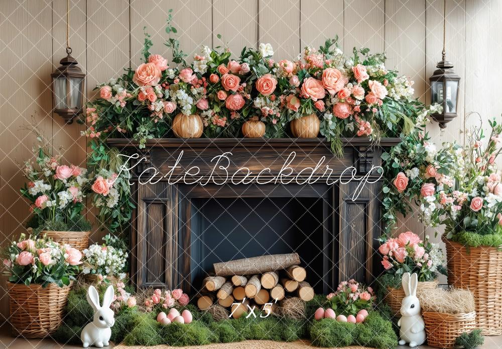 Kate Élégant Fleurs Cheminée Bois Lapin Toile de fond conçue par Patty Roberts - Kate Backdrop FR