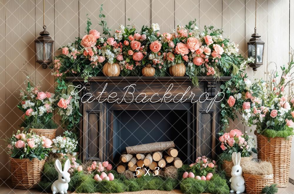 Kate Élégant Fleurs Cheminée Bois Lapin Toile de fond conçue par Patty Roberts - Kate Backdrop FR