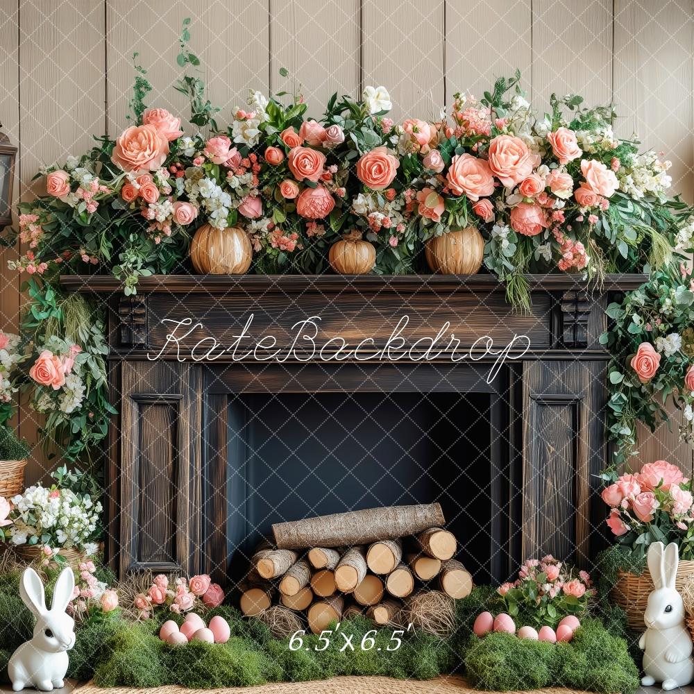 Kate Élégant Fleurs Cheminée Bois Lapin Toile de fond conçue par Patty Roberts - Kate Backdrop FR