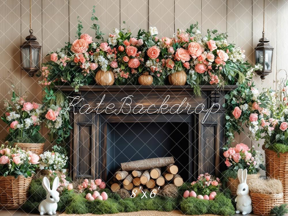 Kate Élégant Fleurs Cheminée Bois Lapin Toile de fond conçue par Patty Roberts - Kate Backdrop FR