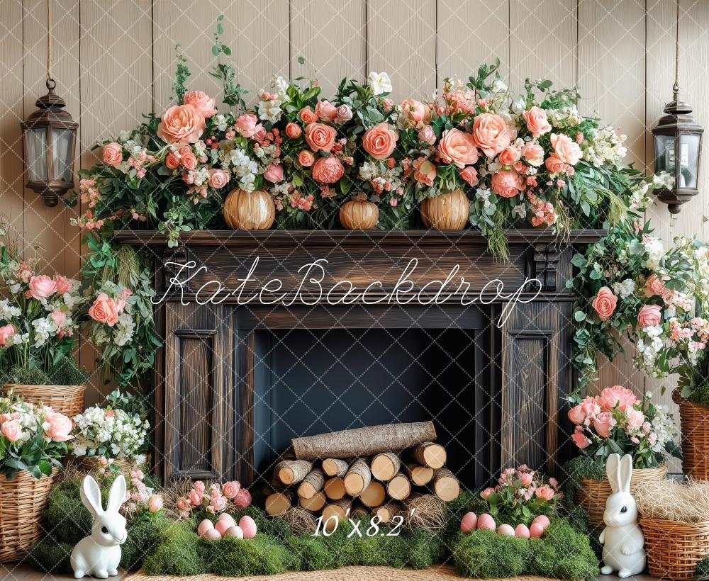 Kate Élégant Fleurs Cheminée Bois Lapin Toile de fond conçue par Patty Roberts - Kate Backdrop FR