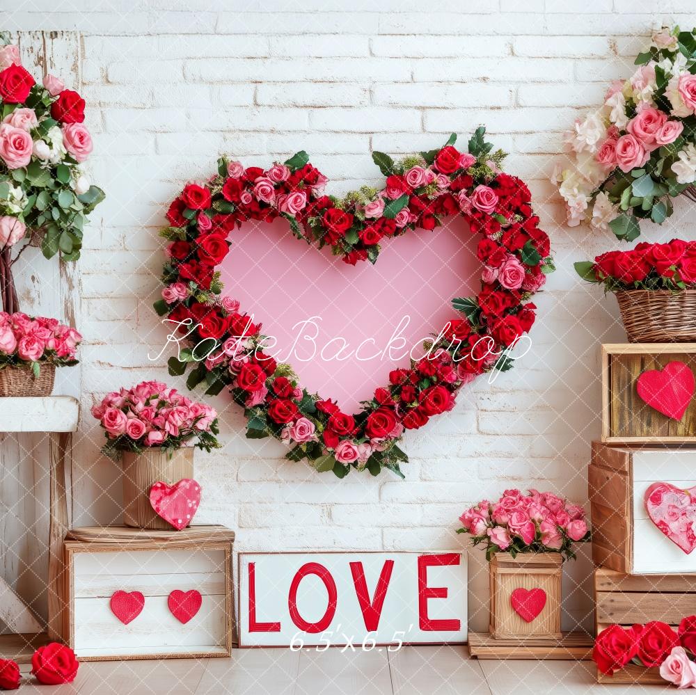 Kate Saint Valentin Fleurs Rouge Cœur Toile de fond conçue par Patty Roberts - Kate Backdrop FR