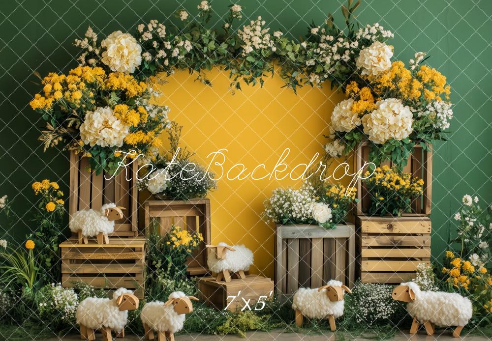 Kate Printemps Mouton Jaune Fleurs Toile de fond conçue par Patty Roberts - Kate Backdrop FR