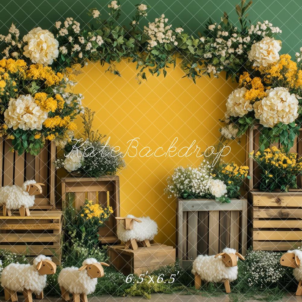 Kate Printemps Mouton Jaune Fleurs Toile de fond conçue par Patty Roberts - Kate Backdrop FR