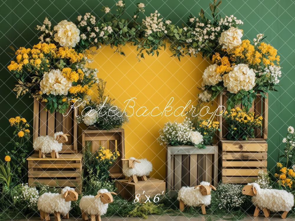 Kate Printemps Mouton Jaune Fleurs Toile de fond conçue par Patty Roberts - Kate Backdrop FR