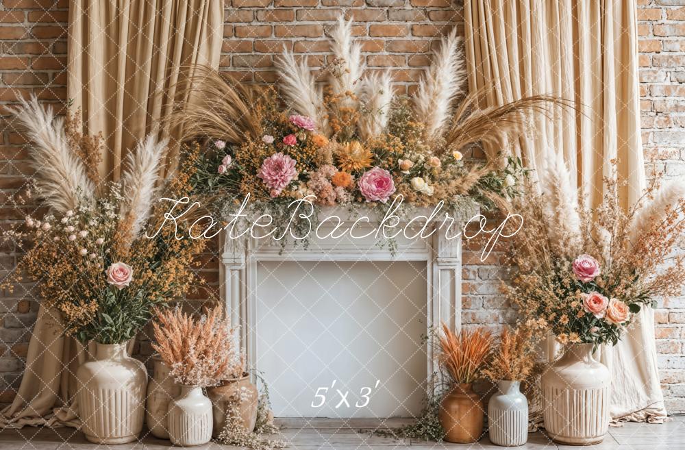 Kate Bohème Fleurs Cheminée Beige Rideau Toile de fond conçue par Emetselch - Kate Backdrop FR