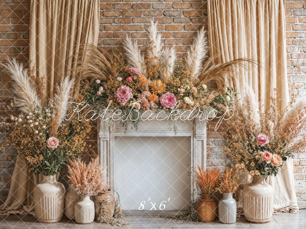 Kate Bohème Fleurs Cheminée Beige Rideau Toile de fond conçue par Emetselch - Kate Backdrop FR