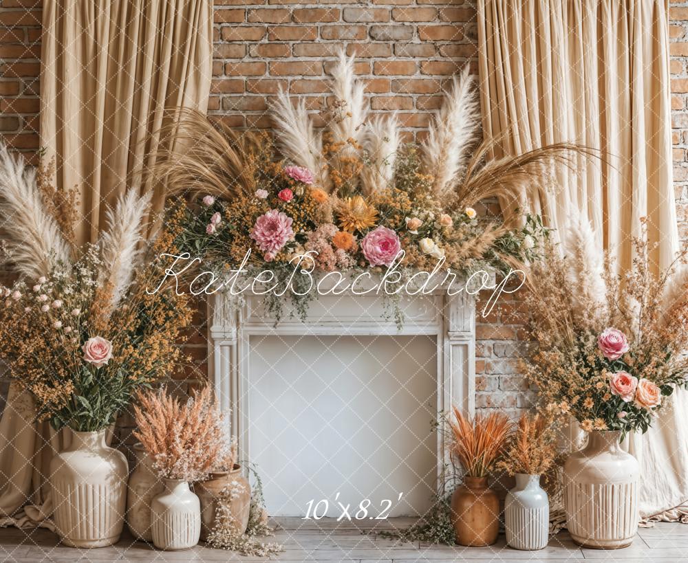 Kate Bohème Fleurs Cheminée Beige Rideau Toile de fond conçue par Emetselch - Kate Backdrop FR