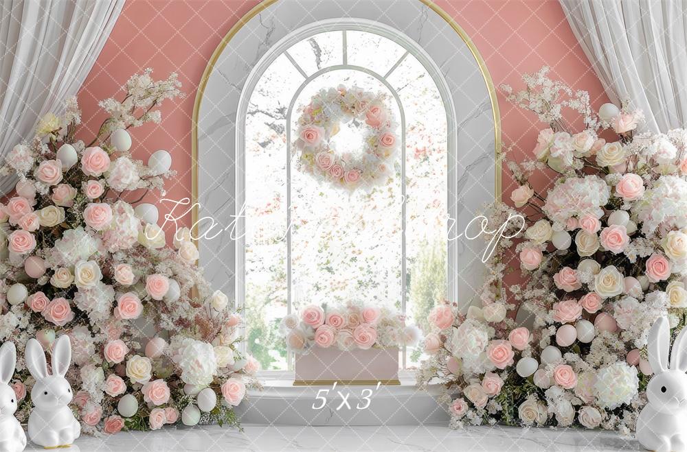 Kate Pâques Lapin Fleurs Fenêtre Rose Toile de fond conçue par Mini MakeBelieve - Kate Backdrop FR