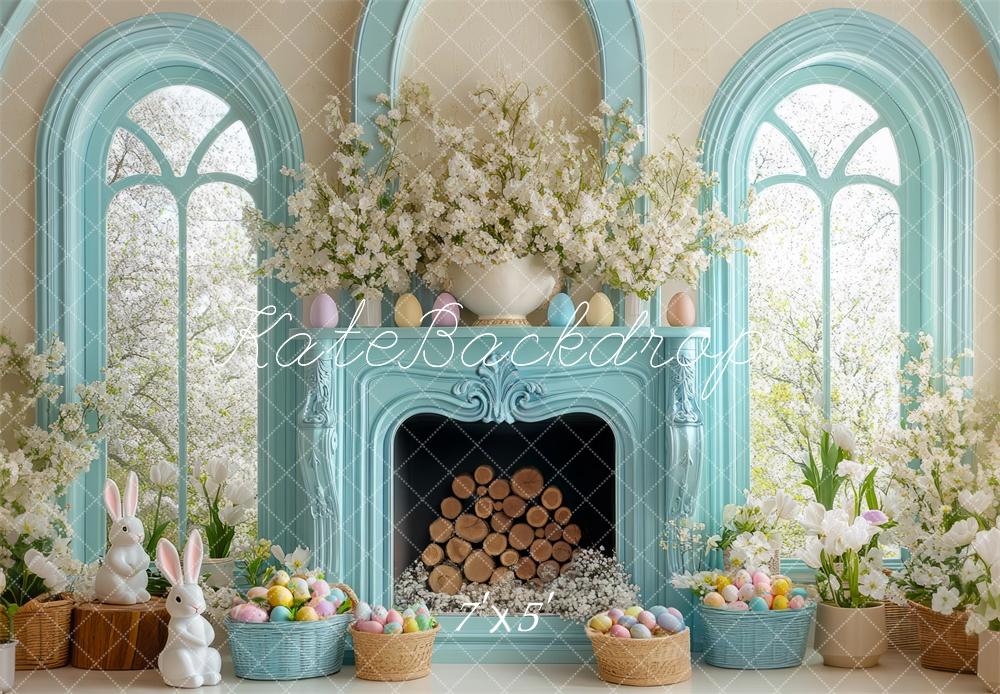Kate Pâques Lapin Floral Fenêtre Cheminée Toile de fond conçue par Mini MakeBelieve - Kate Backdrop FR