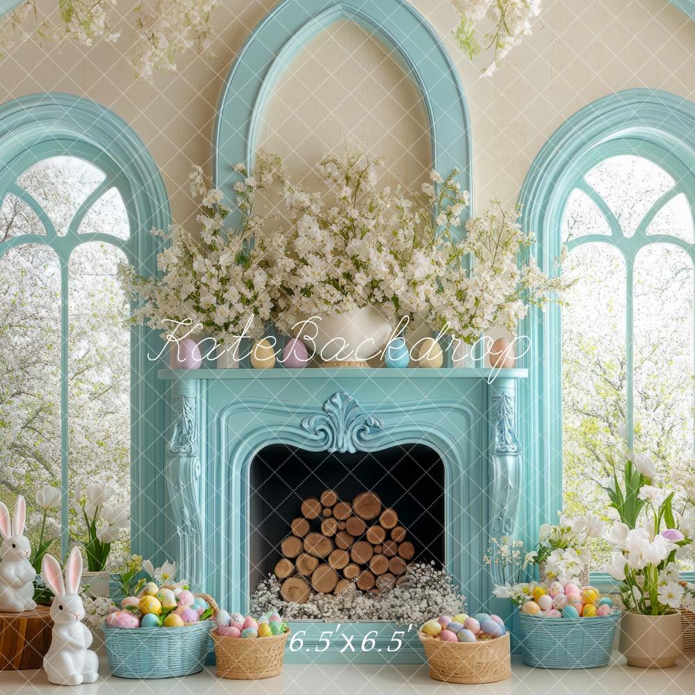 Kate Pâques Lapin Floral Fenêtre Cheminée Toile de fond conçue par Mini MakeBelieve - Kate Backdrop FR