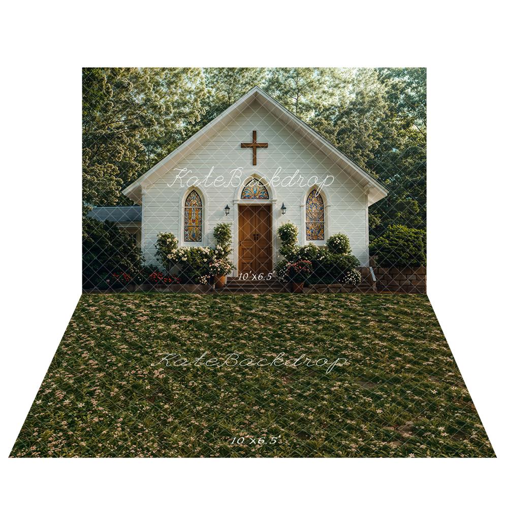 Kate Église Extérieur Jardin Croix Toile de fond+Printemps Vert Floral Prairie Sol Toile de fond - Kate Backdrop FR
