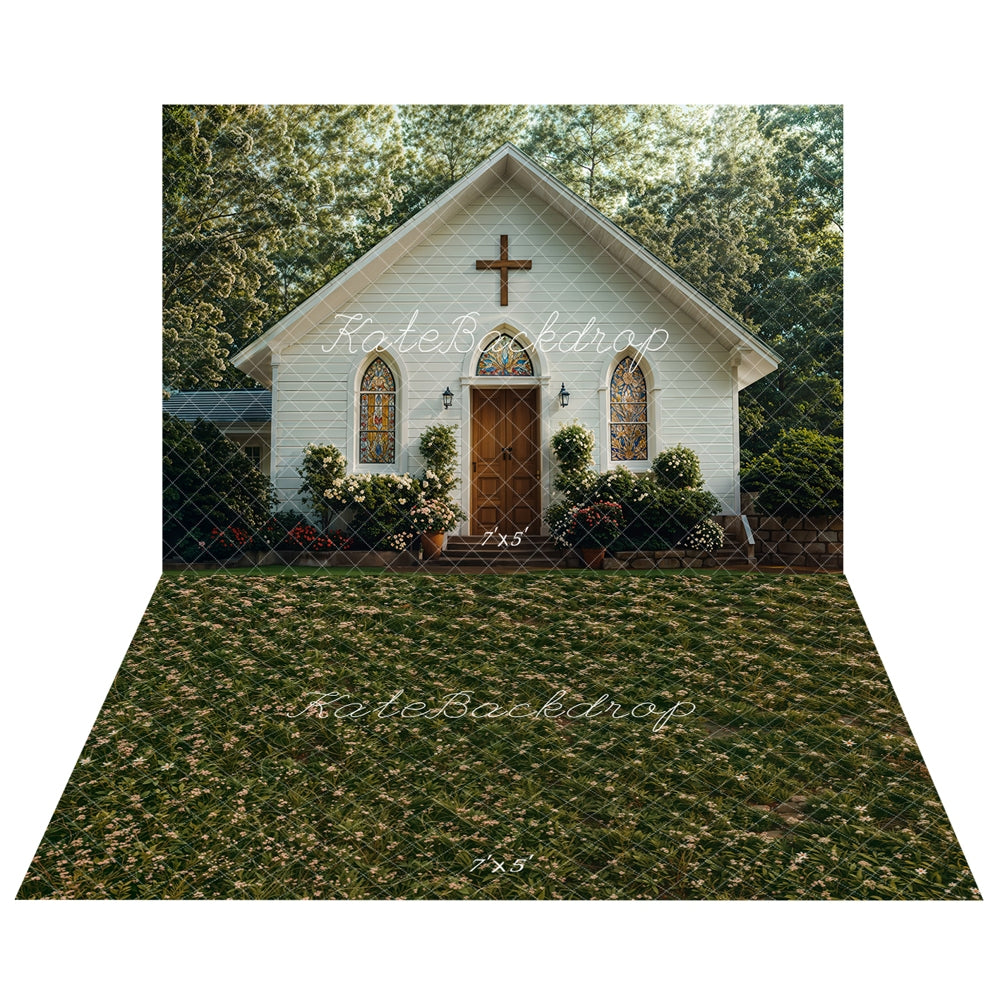 Kate Église Extérieur Jardin Croix Toile de fond+Printemps Vert Floral Prairie Sol Toile de fond - Kate Backdrop FR