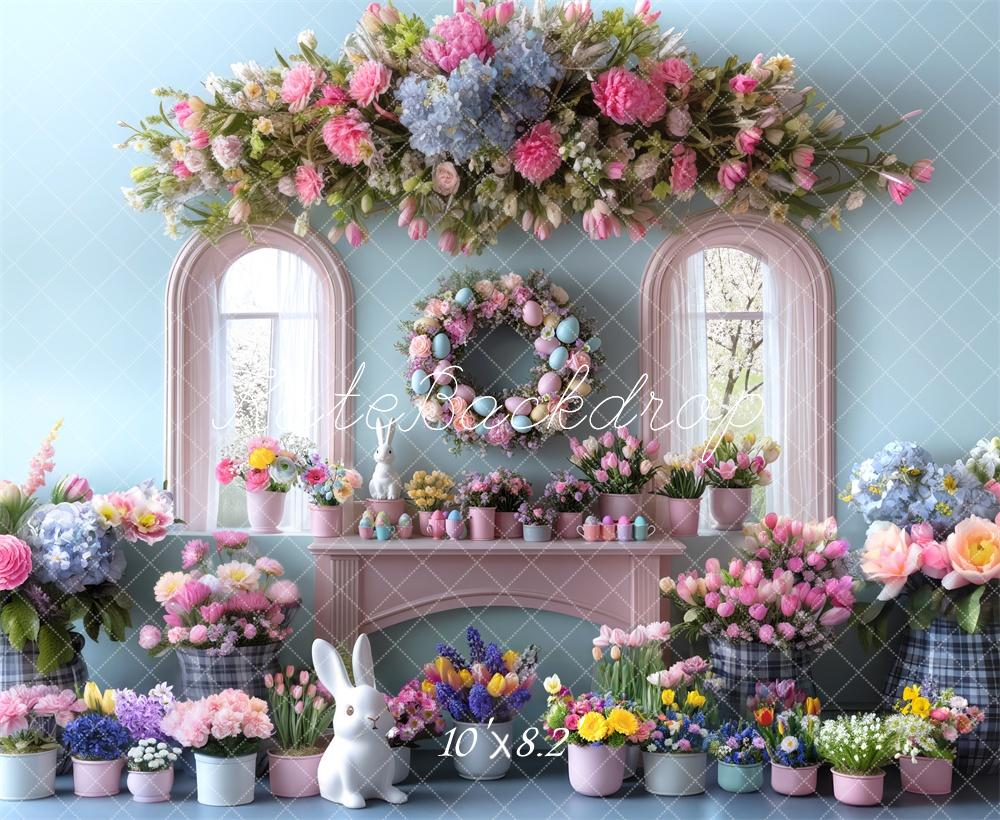 Kate Pâques Bleu Intérieur Fleurs Fenêtre Toile de fond conçue par Mini MakeBelieve - Kate Backdrop FR