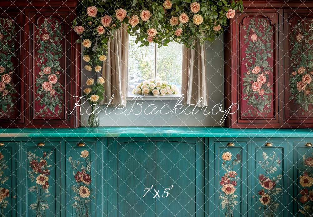 Kate Cuisine Floral Vintage Vert Marron Toile de fond conçue par Mini MakeBelieve - Kate Backdrop FR