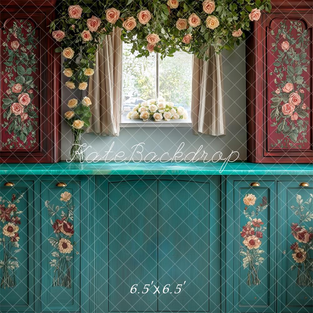 Kate Cuisine Floral Vintage Vert Marron Toile de fond conçue par Mini MakeBelieve - Kate Backdrop FR