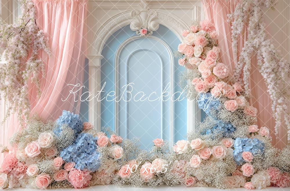 Kate Fleurs Mur Rétro Rideau Rose Bleu Toile de fond conçue par Mini MakeBelieve - Kate Backdrop FR