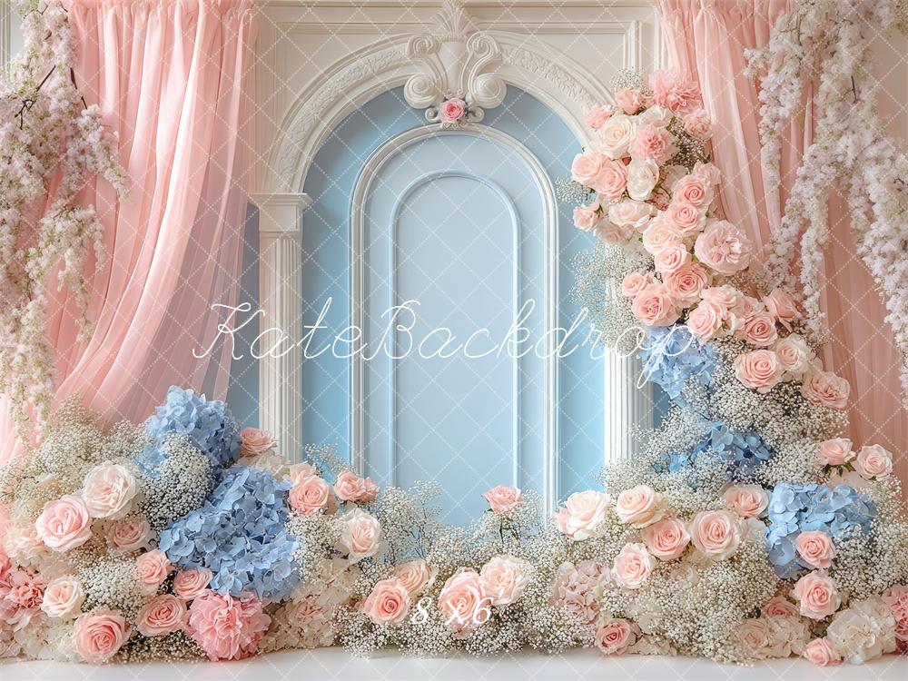 Kate Fleurs Mur Rétro Rideau Rose Bleu Toile de fond conçue par Mini MakeBelieve - Kate Backdrop FR