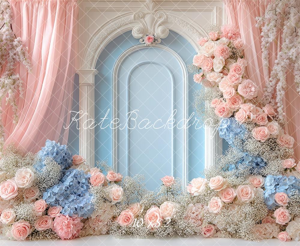 Kate Fleurs Mur Rétro Rideau Rose Bleu Toile de fond conçue par Mini MakeBelieve - Kate Backdrop FR